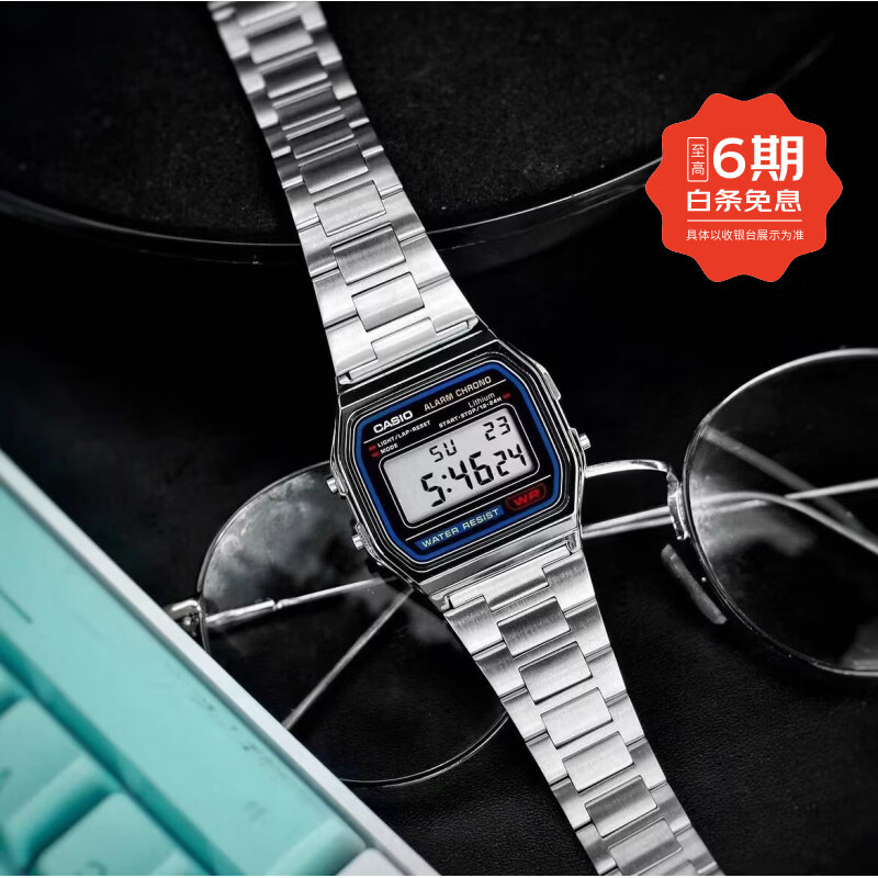 卡西欧（CASIO）甜茶同款经典复古方块电子防水手表男女情侣树脂F-91W系列 A158WA-1 钢带小方块 树脂表盘 33.MM表盘 35.2mm 小表盘