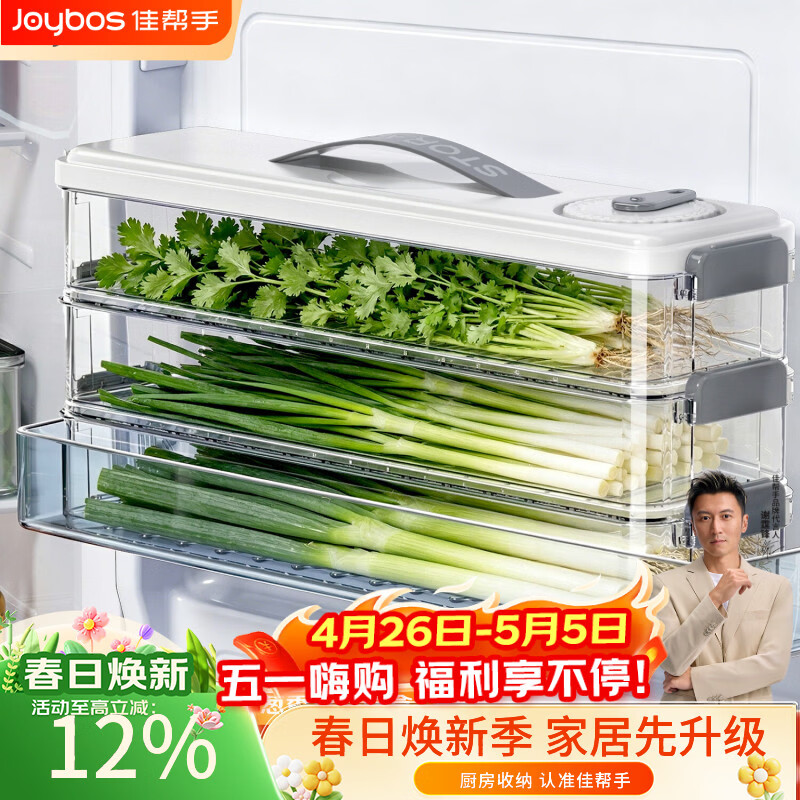 佳帮手小葱香菜保鲜盒食品级冰箱计时收纳盒 密封防串味长条储物盒3层