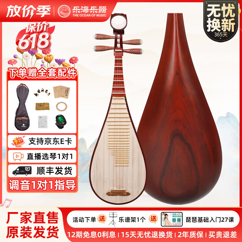 乐海 琵琶初学考级演奏非洲紫檀木花开富贵头饰花梨木琵琶 直播选琴 素面典雅DJ12-2