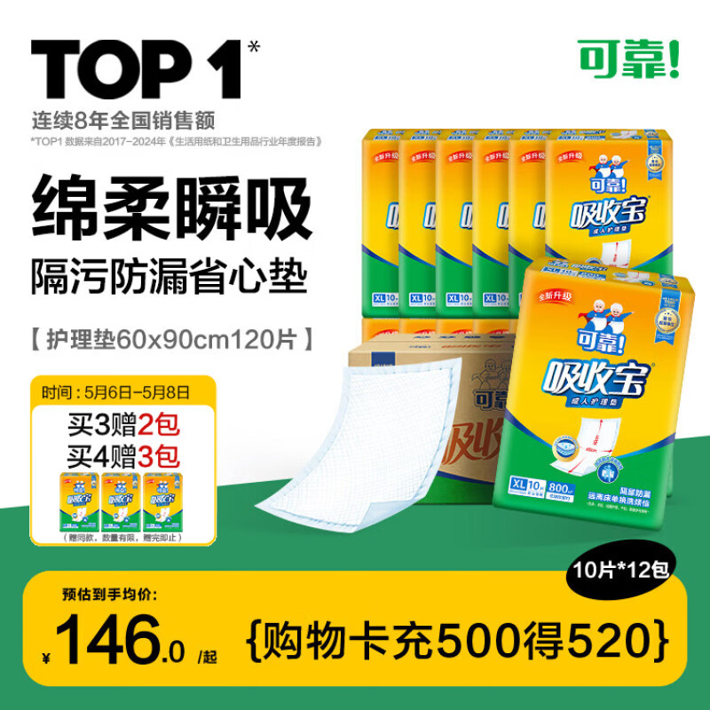 可靠（COCO）吸收宝成人护理垫XL120片(60*90cm)舒适防漏老年人隔尿垫产褥垫