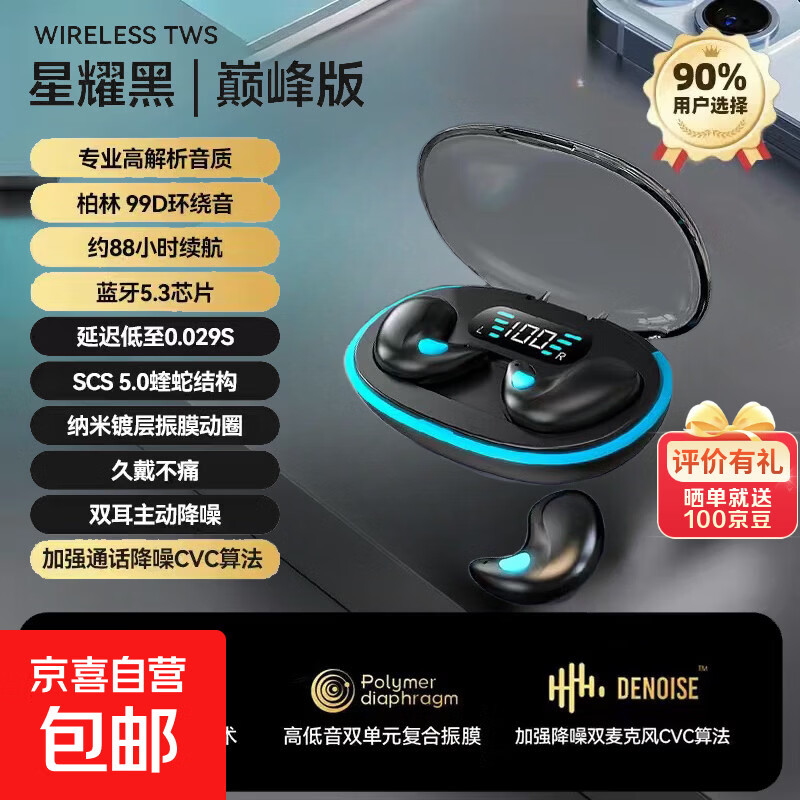 超薄耳蜗式蓝牙耳机2026新款超长续航真无线数显降噪睡眠耳机侧睡不压耳久戴不痛适用苹果小米华为 云墨黑【侧睡不压耳 | 久戴不痛】不漏音