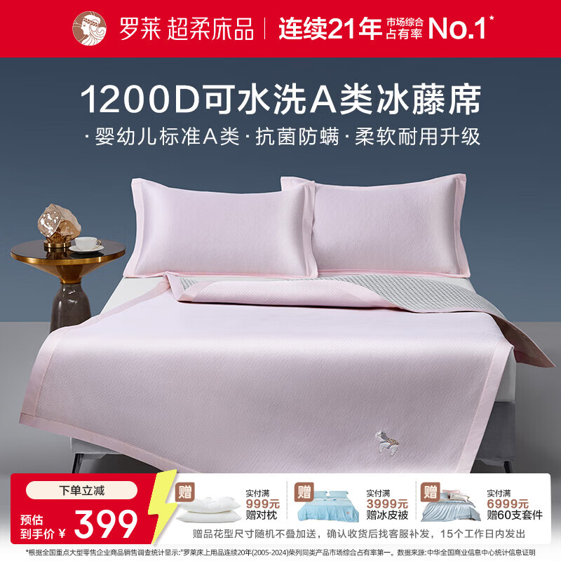 罗莱家纺婴幼儿A类抗菌防螨可水洗1200D冰藤席空调席夏季凉席 【A类抗菌防螨可水洗冰藤席】马上有钱-条席款 粉色 两件套 120cm*200cm