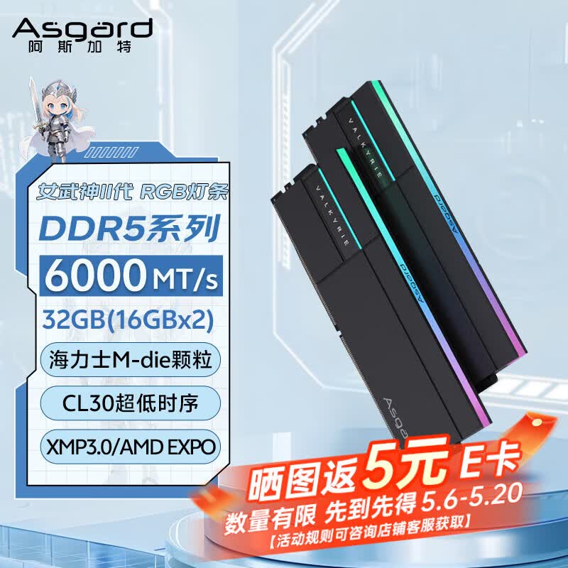 阿斯加特（Asgard）32GB(16GBx2) DDR5 6000 台式机内存条 女武神·瓦尔基里II代 RGB灯条 海力士M-die CL30 极夜黑