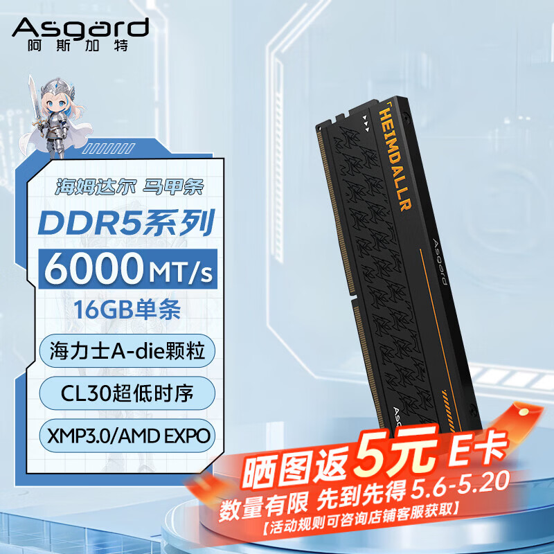阿斯加特（Asgard）16GB DDR5 6000 台式机内存条 海姆达尔 马甲条 海力士A-die CL30 黑厚甲 AI电脑配件升级