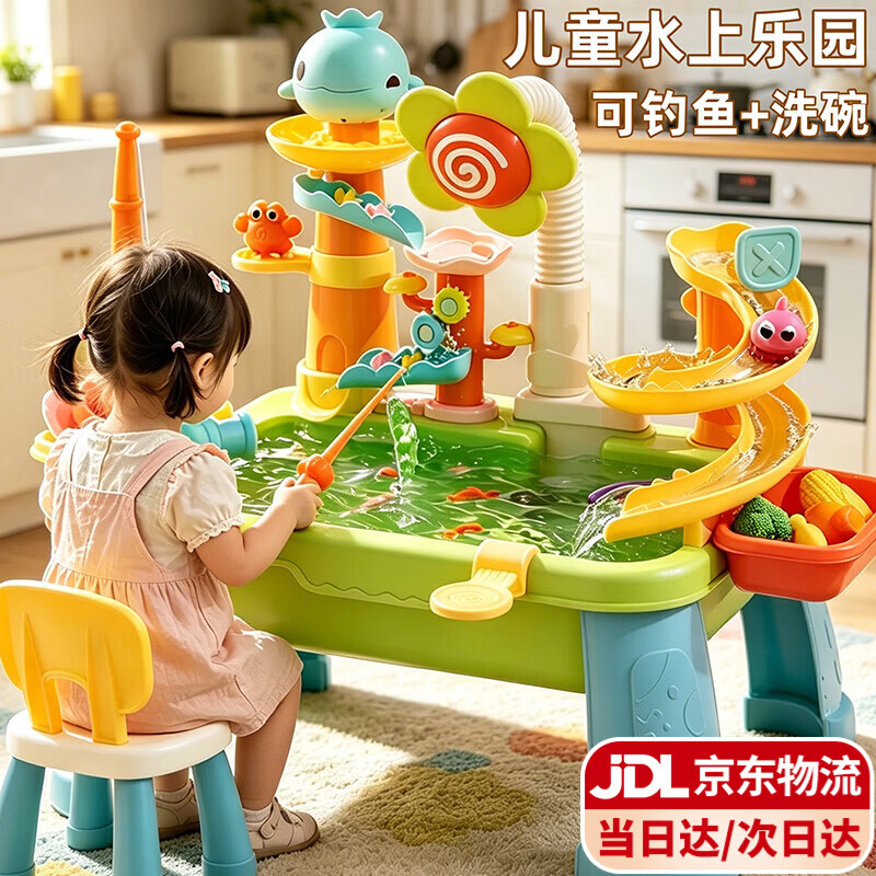 卡卡曼儿童玩水玩具循环出水水上乐园洗碗机宝宝戏水1-3岁厨房玩具嬉水 绿色升级高脚款洗碗机【循环出水+按压水炮+钓鱼玩法】 电动钓鱼嬉水玩具3-6岁男孩女孩过家家洗菜池