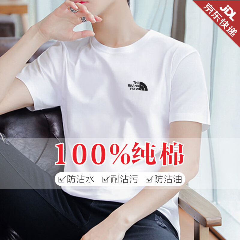 FXEW轻奢潮牌100%纯棉短袖T恤男士夏季新款高端纯色商务休闲圆领体恤 白色（重磅纯棉） 4XL 195/112A（190-210斤）