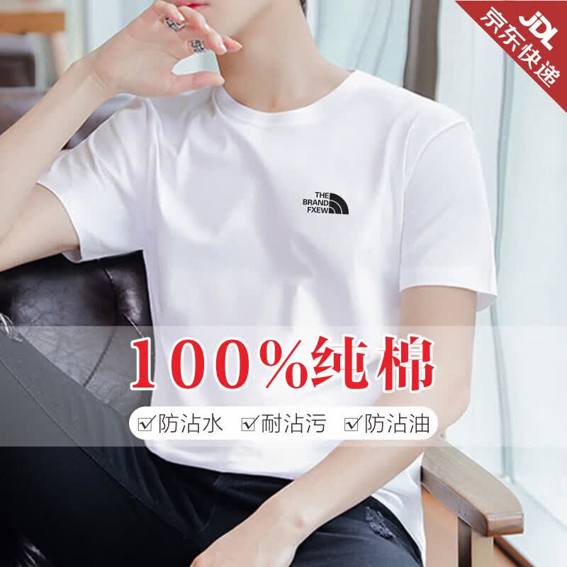 FXEW轻奢潮牌100%纯棉短袖T恤男士夏季新款高端纯色商务休闲圆领体恤 白色(重磅纯棉) L 175/96A(125-145斤)