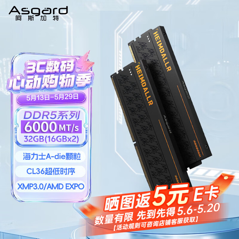 阿斯加特（Asgard）32GB(16GBx2) DDR5 6000 台式机内存条 海姆达尔 马甲条 海力士A-die CL36 黑厚甲 AI电脑配件升级