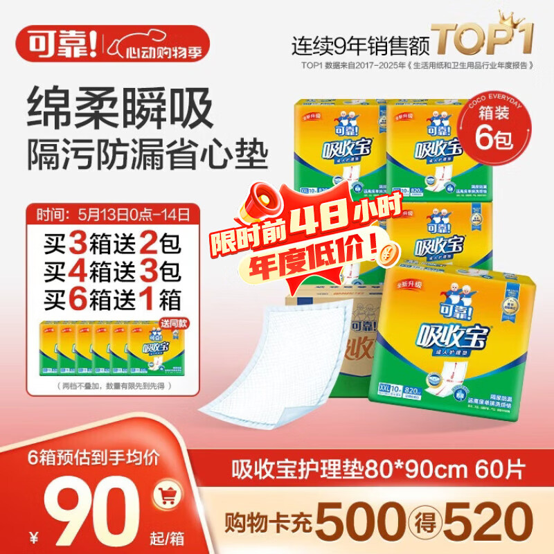 可靠(COCO)吸收宝成人护理垫2XL60片80*90cm加大舒适防漏隔尿垫产褥垫床垫