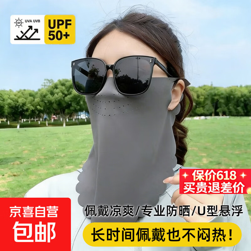 防晒面罩女夏季超薄透气护颈挂耳遮脸全脸防紫外线户外骑行口罩 防晒面罩*灰色