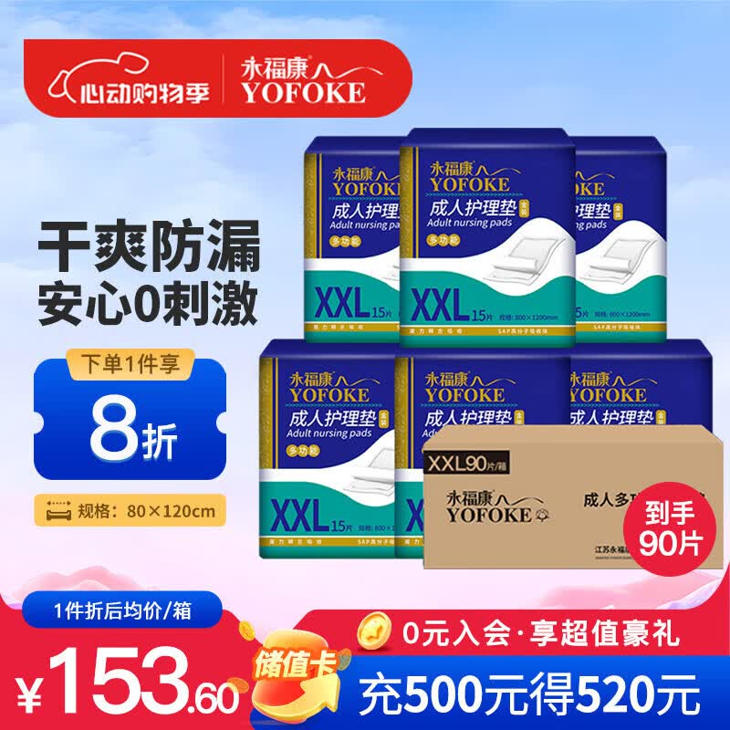 永福康成人护理垫XXL90片 尺寸80*120cm婴儿孕产妇床垫老人一次性隔尿垫
