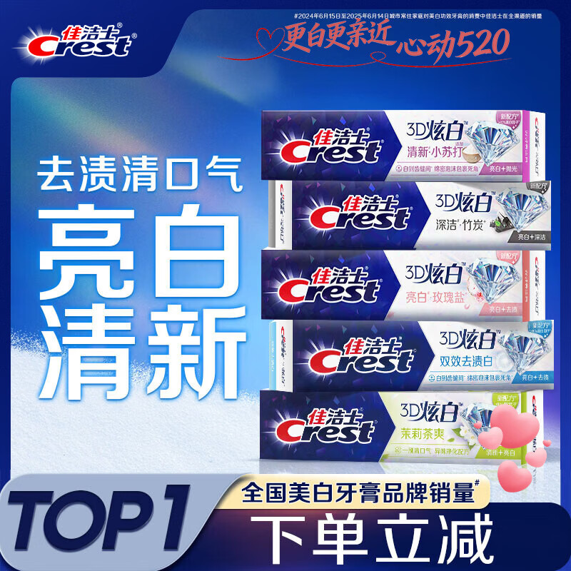 佳洁士3D炫白小苏打牙美白膏防蛀清新口气5支共850g京东自营新老混发