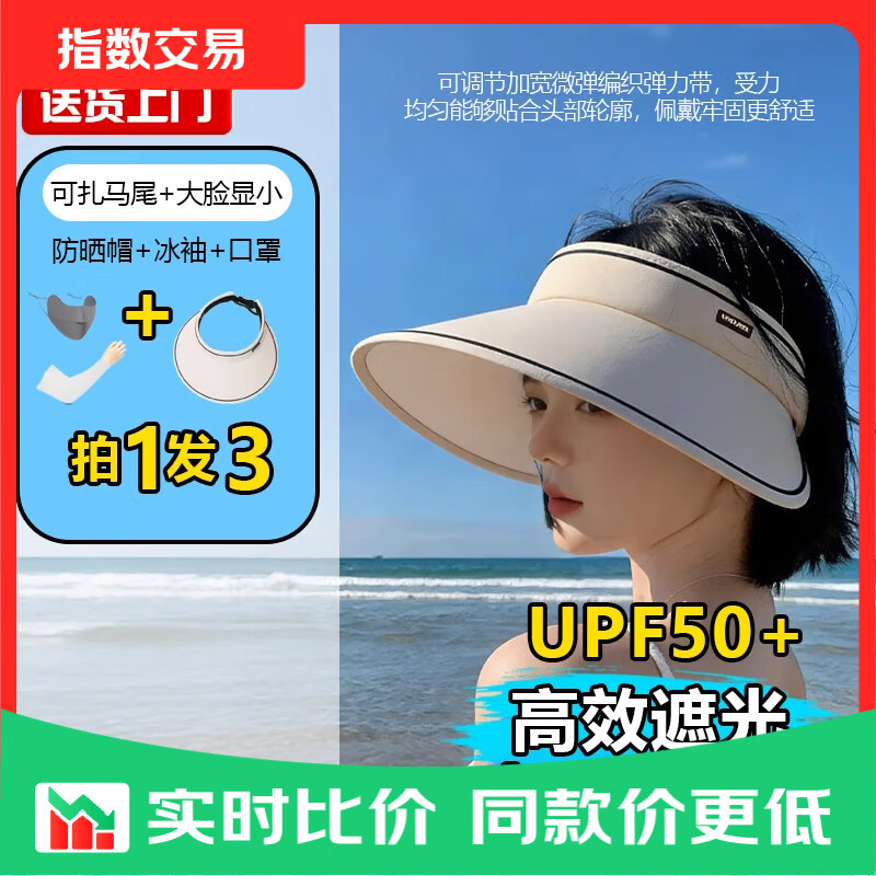 防晒帽套装空顶夏季遮阳顶黑胶uv大帽檐遮脸户外骑车太阳帽 糖果帽三件套-白色帽