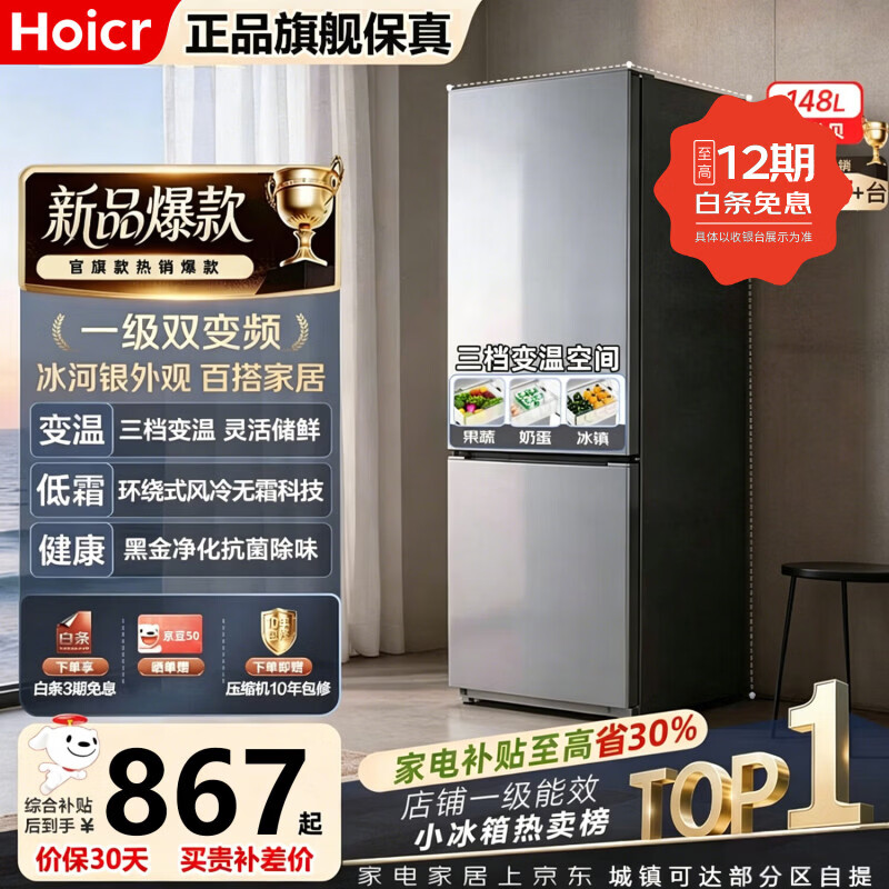 Hoicr冰箱【平台补贴30%】家用一级能效节能省电大容量低音降噪冷冻冷藏保鲜电冰箱除菌净味小型出租房 升级款318低音降噪-258L【店铺补贴】