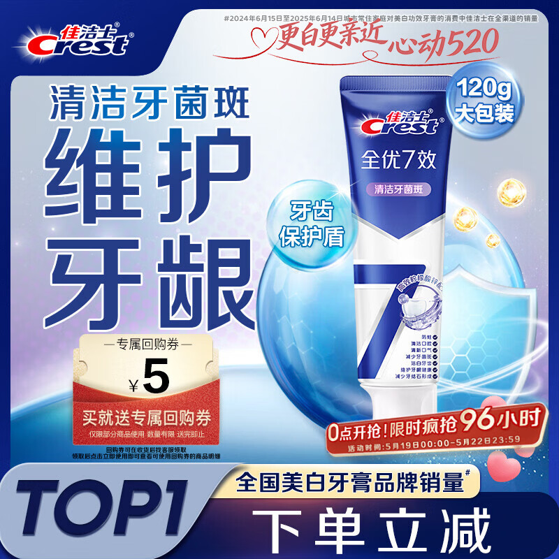 佳洁士全优7效抗牙菌斑牙膏防蛀含氟清新口气120g 京东自营新老包装混发