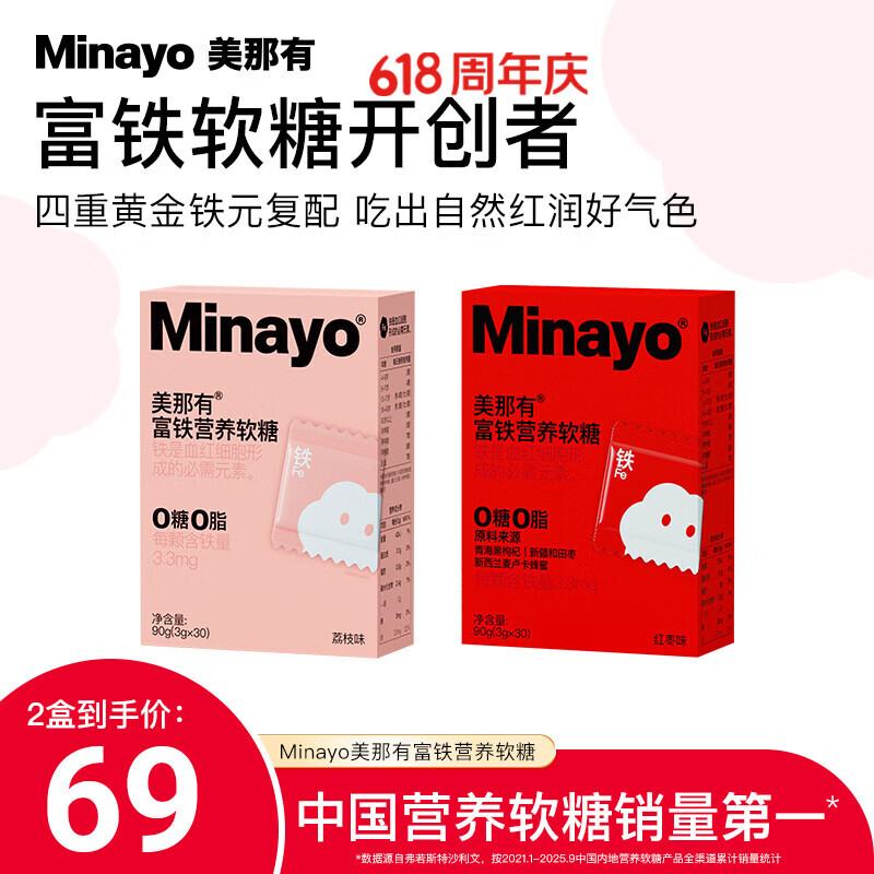 minayo美那有富铁营养软糖女性孕妇经期哺乳期铁元素养气血富铁营养软糖 【组合尝鲜装】 30粒*2盒 （红枣味1盒+荔枝1盒）