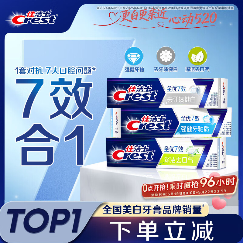 佳洁士全优7效固齿护龈美白清口含氟防蛀牙膏3支共540g京东自营