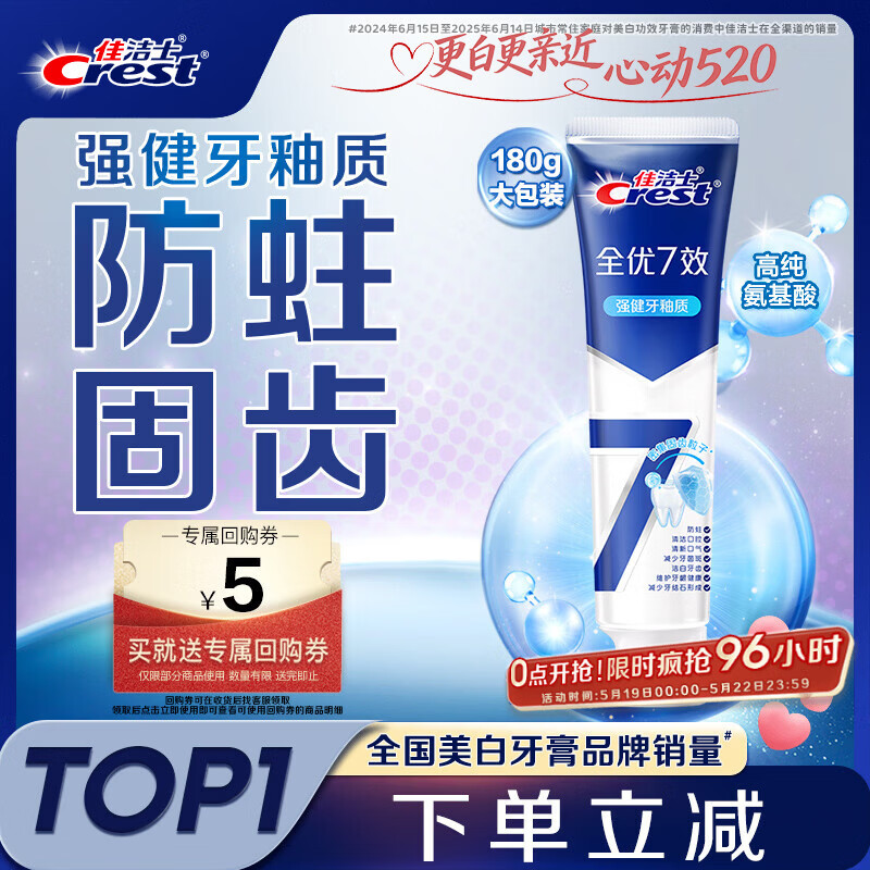 佳洁士全优7效强健牙釉质牙膏美白去牙渍含氟180g 京东自营新老包装混发