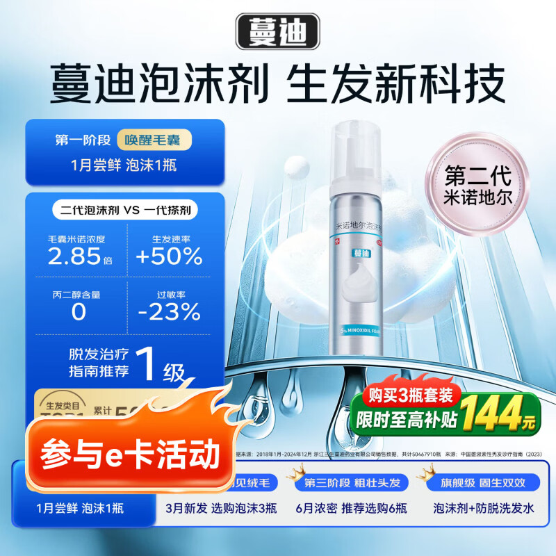蔓迪【二代米诺地尔】蔓迪5%生发泡沫剂60g(倍速生发 温和低敏) 男士专用治脱发防脱育发米洛原液酊搽剂