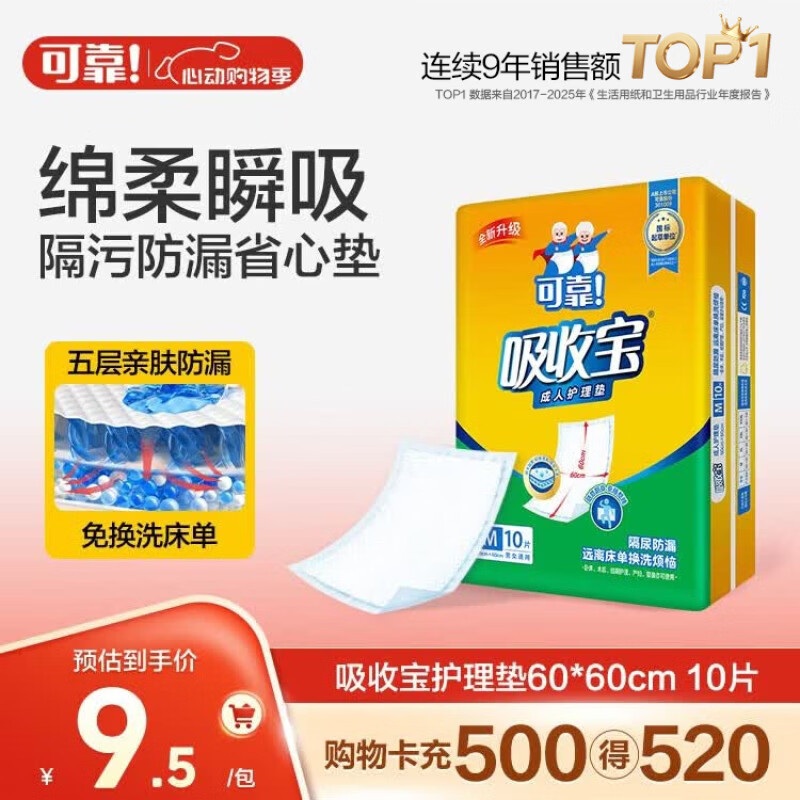 可靠（COCO）吸收宝成人护理垫M10片(60*60cm)舒适防漏老年人隔尿垫产褥垫床垫
