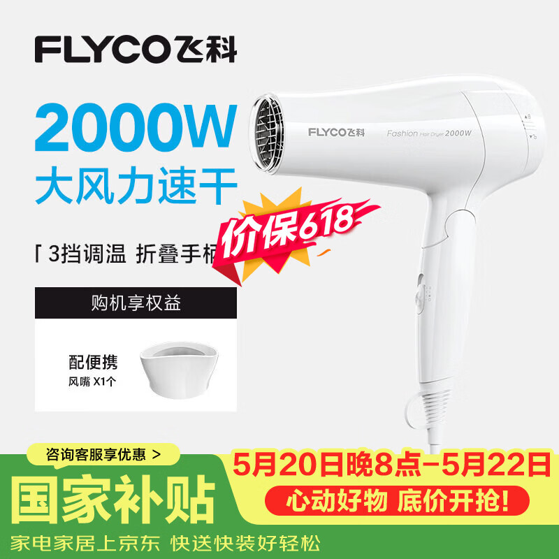 飞科电吹风机家用发廊大功率2000W速干恒温便携可折叠白色FH6232价保618