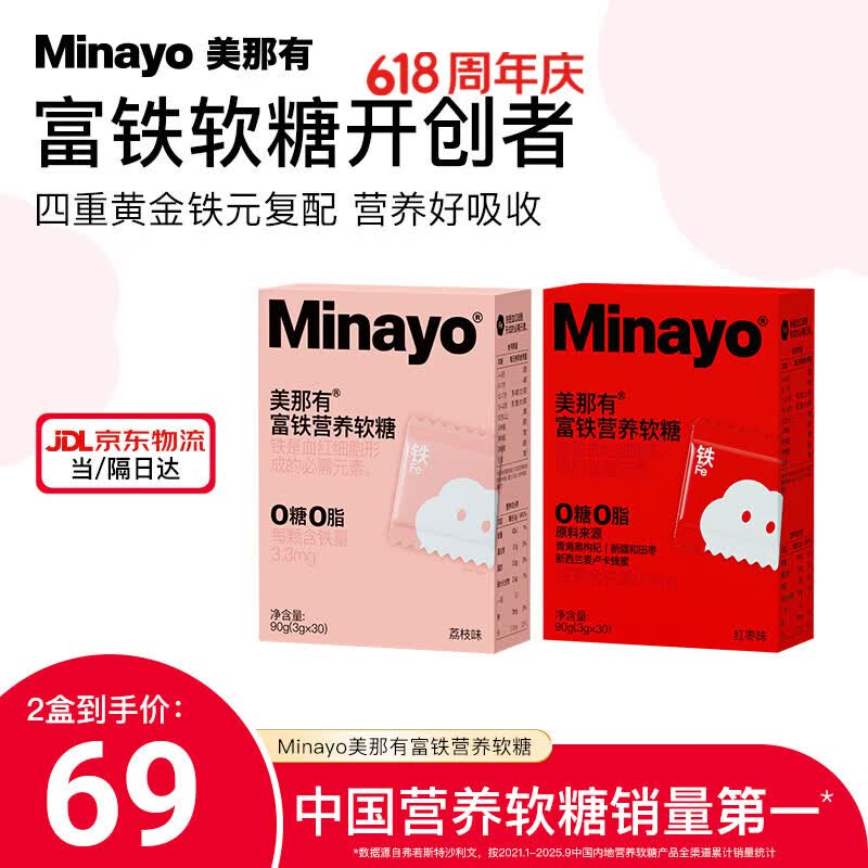minayo美那有富铁营养软糖女性孕妇经期哺乳期铁元素气血含铁营养软糖 【组合尝鲜装】 30粒*2盒 （红枣味1盒+荔枝1盒）