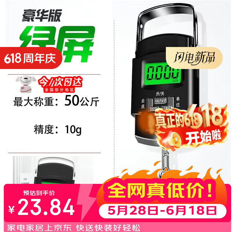 丰美斯手提吊钩秤精准秤电子秤充电家用迷你弹簧秤可充电便携式快递小秤 【养目绿光】50公斤电池款