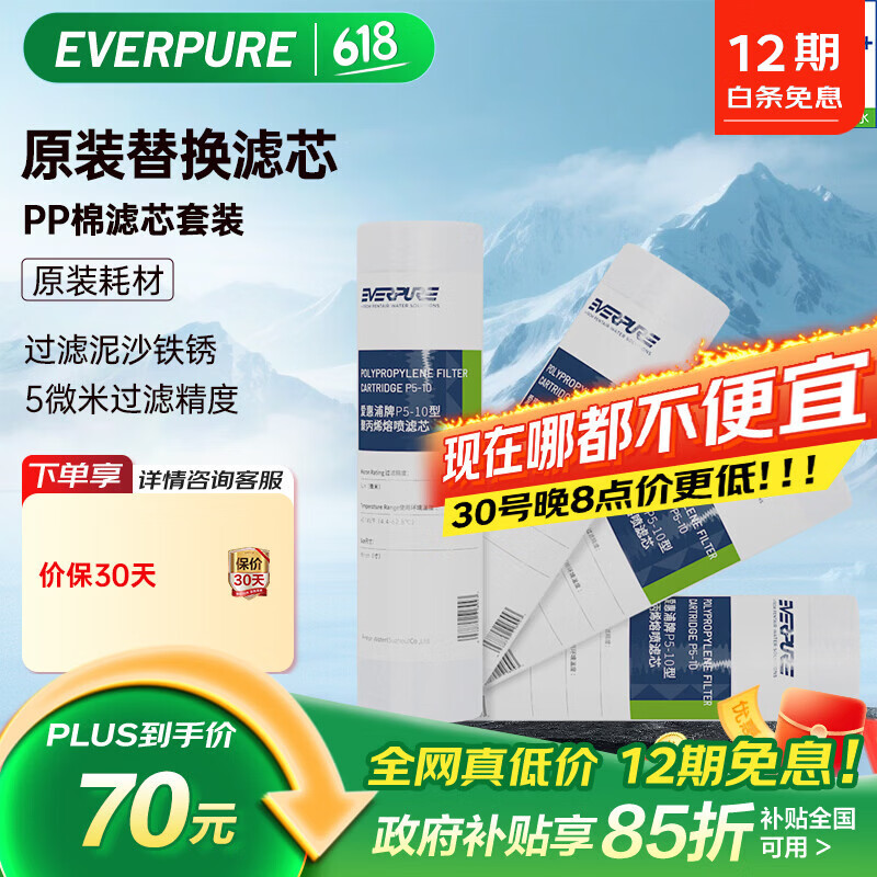 �����֣�Everpure�����ó��� 10��/5΢�� ǰ�ù��˸�Ʒ��ͨ�þ�ˮ�� PP����о4֧װ 61.2Ԫ(������)