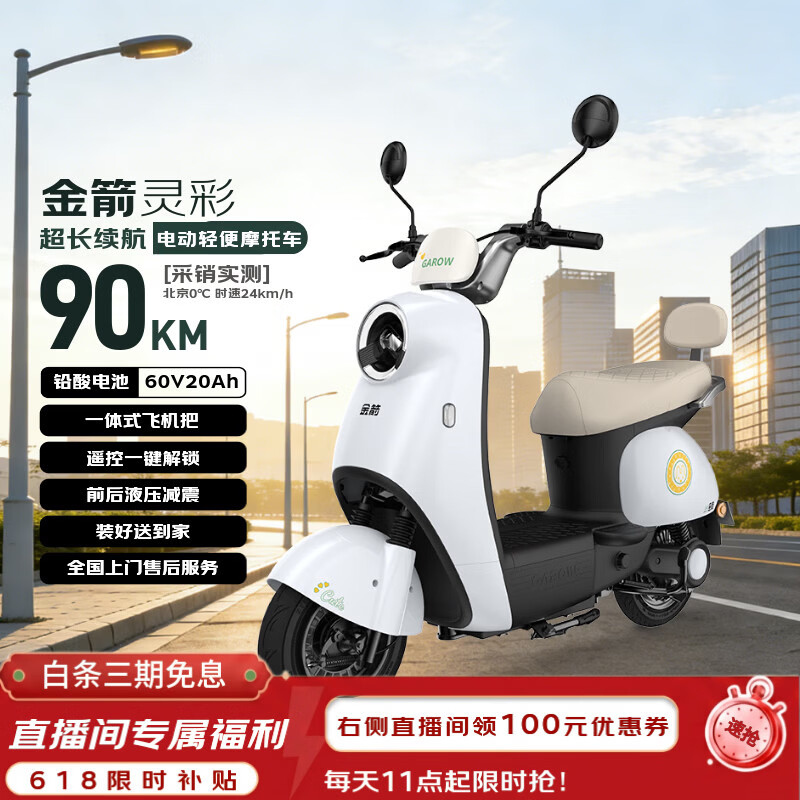 金箭电动摩托车 【人气爆款】灵彩60V20AH铅酸电池长续航800W大动力踏板电动轻便摩托车电动车米雾白