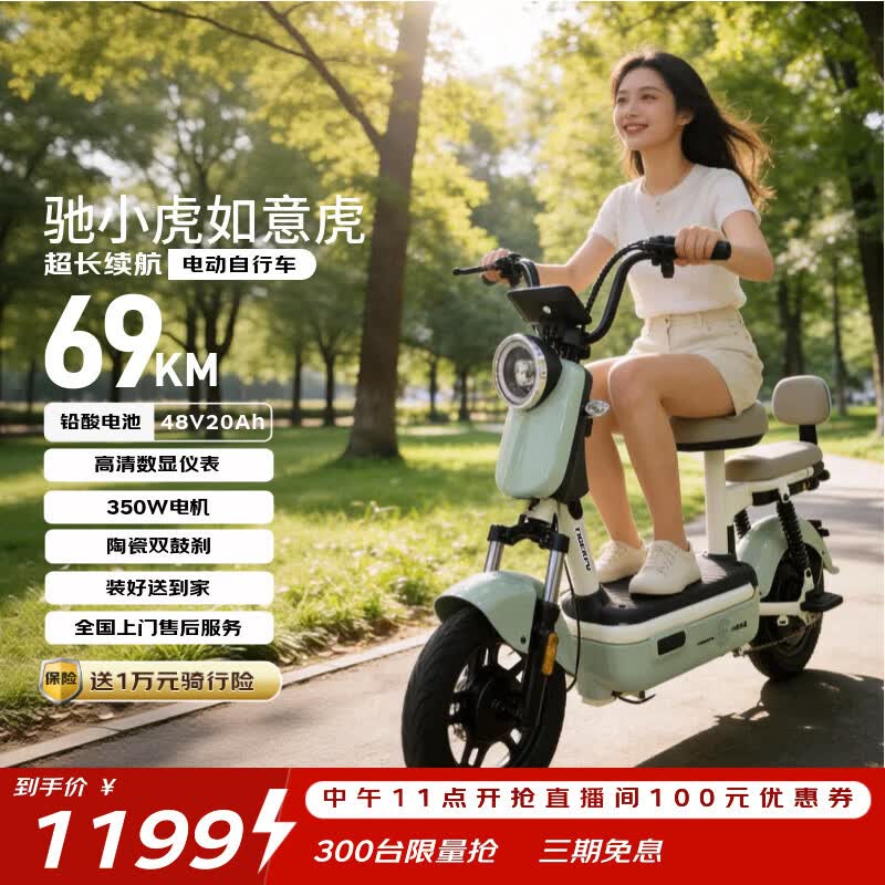 驰小虎电动自行车 如意虎新国标电动车电动自行车48V20Ah电池长续航电瓶车代步车电车家用成人电车绿