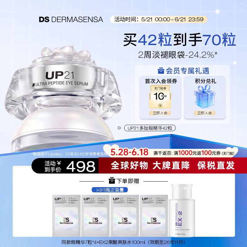 德玛森氏UP21多肽眼精华淡眼袋眼纹保湿提拉紧致嘭泪沟次抛眼胶眼油42粒