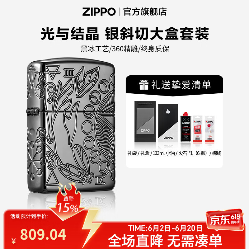 ZIPPO打火机官方旗舰店正品生日礼物黑冰精雕光与结晶精选礼物送男友 光与结晶 133ml含石含线银斜切大盒套装