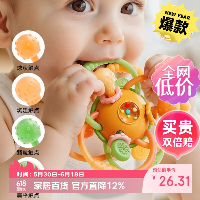 澳乐儿童曼哈顿手抓球婴儿玩具0-1岁牙胶摇铃宝宝安抚软胶新生儿礼物 曼哈顿手抓球
