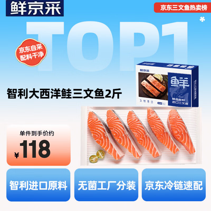 鲜京采【京东自有品牌】智利大西洋鲑鱼三文鱼段 净重2斤 生鲜鱼类