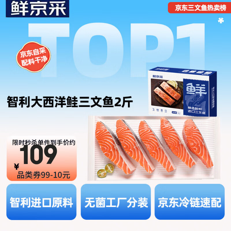 鲜京采【京东自有品牌】智利大西洋鲑鱼三文鱼段 净重2斤 生鲜鱼类