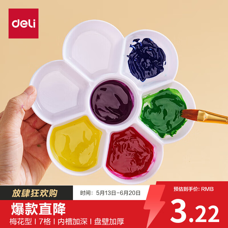 得力（deli）7格加深凹槽荷花碟优质塑料大号水粉颜料调色盘/调色盒/调色板/调色碟女孩儿童礼物学生礼物 HS714