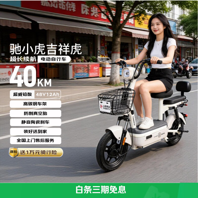 驰小虎电动自行车 吉祥虎新国标电动车电动自行车48V12Ah铅酸电池长续航电瓶车成人代步车电车白色