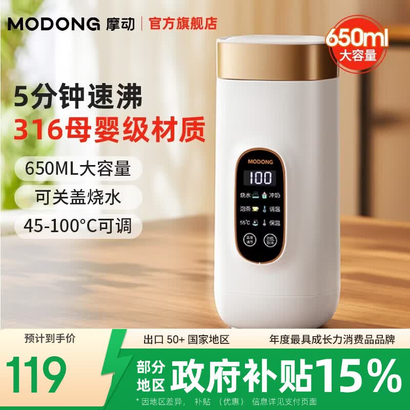 摩动烧水杯电热水杯便携式烧水壶304/316不锈钢出差小型电热水壶保温恒温壶加热自动保温杯旅行热水壶 0.65L 白色丨316母婴级内胆（飞机免托运） 便携电热水杯
