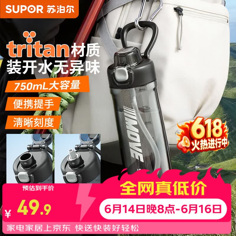 苏泊尔（SUPOR）运动水杯男士大容量tritan塑料杯夏季吸管杯子健身便携学生水壶 动感灰白-750mL