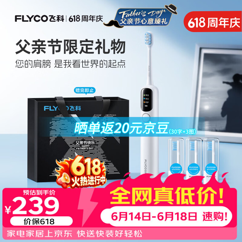 飞科（FLYCO）扫振电动牙刷T1灵动白60°大摆幅软毛护龈成人自动牙刷情侣款送男友女友生日父亲节礼物 价保618