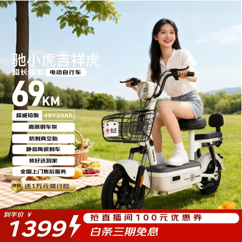 驰小虎电动自行车 【京东联合定制】吉祥虎新国标电动车电动自行车48V20Ah电池长续航成人电瓶车代步车白