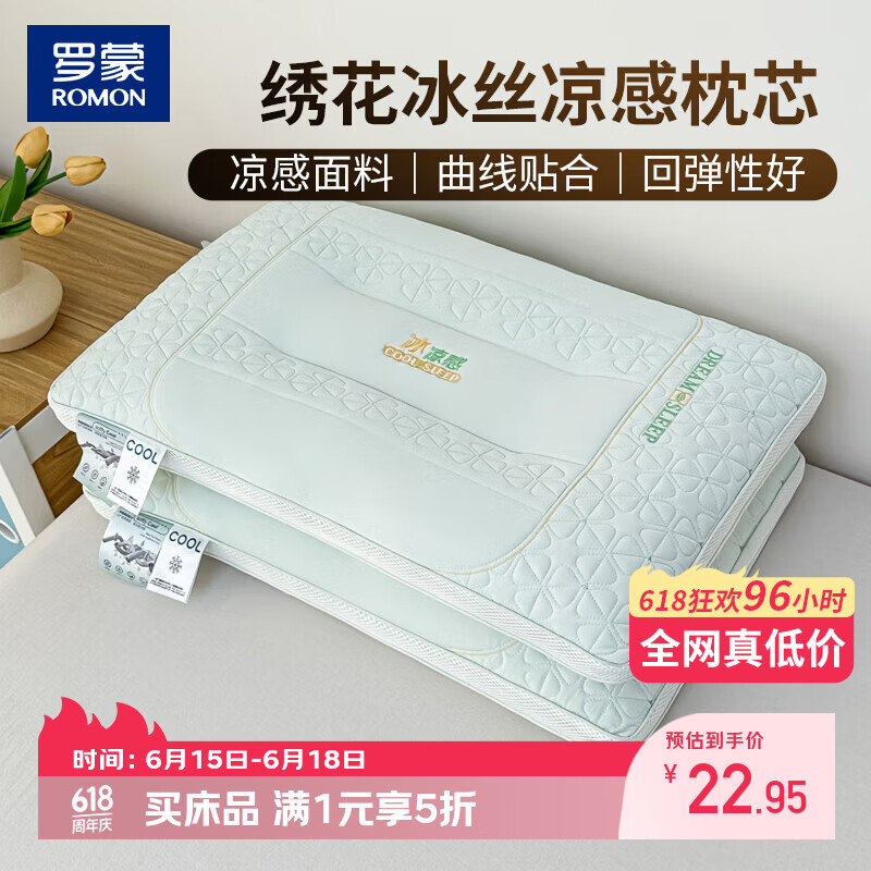 罗蒙（ROMON）夏季凉感枕头枕芯冰丝刺绣家用成人通用护颈椎助眠凉席枕 冰凉感-绿色 单只 高枕 45*70*10cm