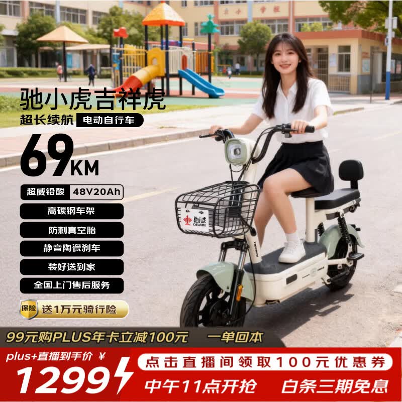 驰小虎长续航电动自行车浅绿20Ah48V，领券低至897元