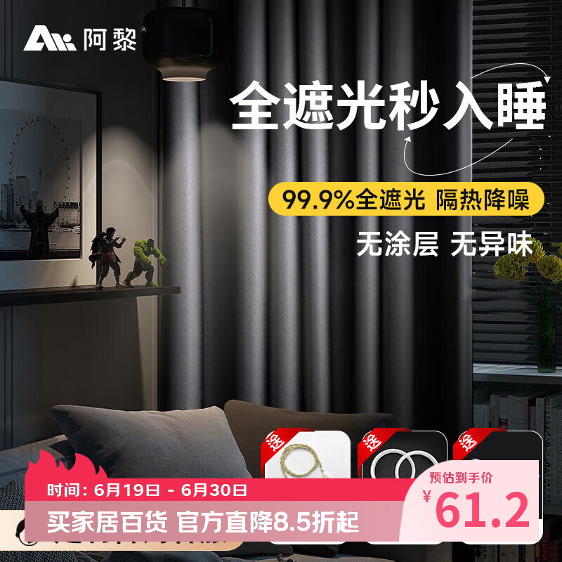 阿黎遮光窗帘家用全遮光布帘免打孔挂钩式卧室隔音保暖防风窗帘布