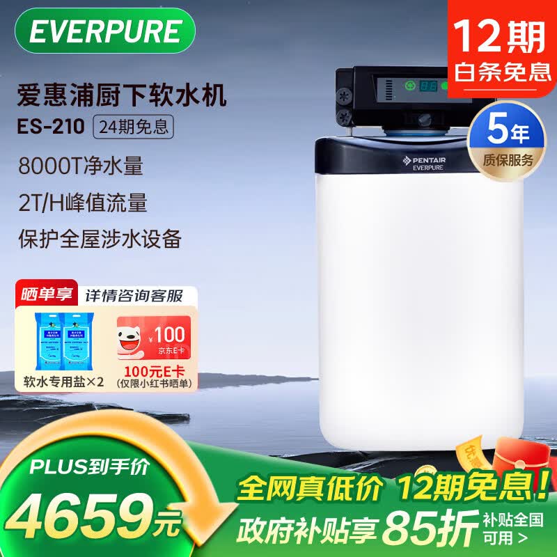 爱惠浦（Everpure）全屋软化水质 家用厨下中央智能净水器 美肤洗浴 呵护衣物 2T/H大通量 8000吨制水量软水机ES-210