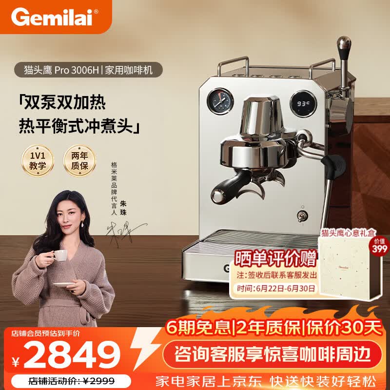 格米莱（Gemilai）猫头鹰G3006H咖啡机 家用半自动咖啡机小家电 双泵双加热咖啡机不锈钢