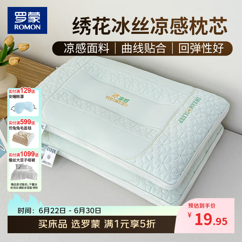 罗蒙（ROMON）夏季凉感枕头枕芯冰丝刺绣家用成人通用护颈椎助眠凉席枕 冰凉感-绿色 单只 中枕 45*70*8cm