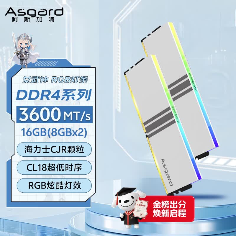 阿斯加特（Asgard）16GB(8GBx2) DDR4 3600 台式机内存条 女武神·瓦尔基里 RGB灯条 海力士CJR CL18 极地白