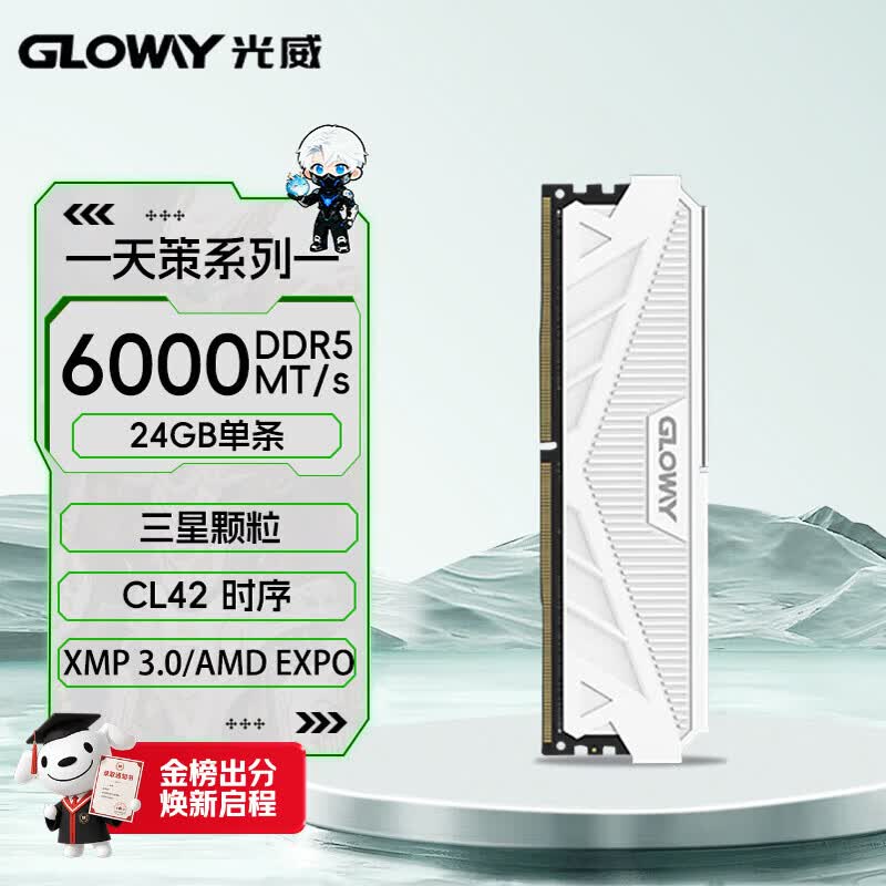光威（Gloway）24GB DDR5 6000 台式机内存条 天策 马甲条 三星颗粒 CL42 皓月白 AI电脑配件升级