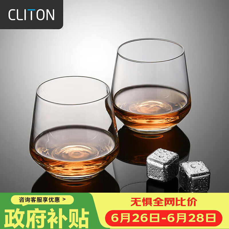 CLITON 水晶玻璃威士忌酒杯 烈酒杯洋酒杯家用水杯玻璃杯套装2只CL-JB05